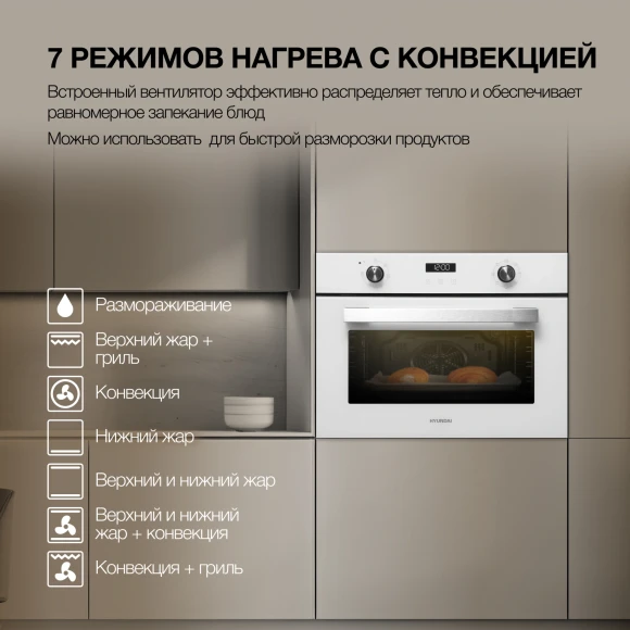 Духовой шкаф Электрический Hyundai HEO 64512 WG стекло белое/черный Духовой шкаф Электрический Hyundai HEO 64512 WG стекло белое/черный