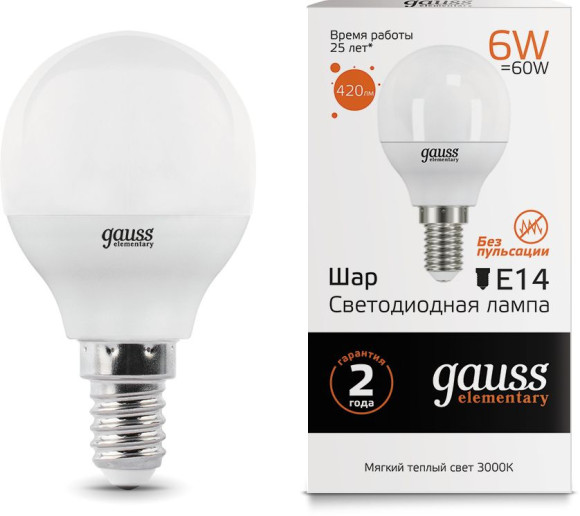 Лампа светодиодная Gauss Elementary 6Вт цок.:E14 шар 220B 4100K св.свеч.бел.нейт. (упак.:1шт) (53126)