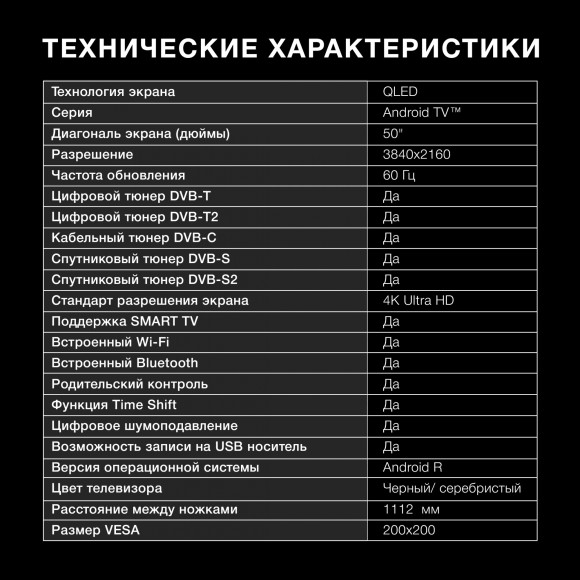 Телевизор QLED Hyundai 50" H-LED50QBU7500 Android TV Frameless черный/серебристый 4K Ultra HD 60Hz DVB-T DVB-T2 DVB-C DVB-S DVB-S2 USB WiFi Smart TV