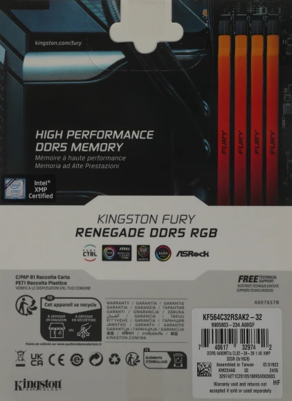 Память DDR5 2x16GB 6400MHz Kingston KF564C32RSAK2-32 Fury Renegade XMP RGB RTL Gaming PC5-51200 CL32 DIMM 288-pin 1.4В kit dual rank с радиатором Ret