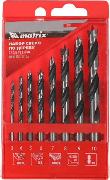 Набор сверл Matrix 70282 по дереву (8пред.) для дрелей