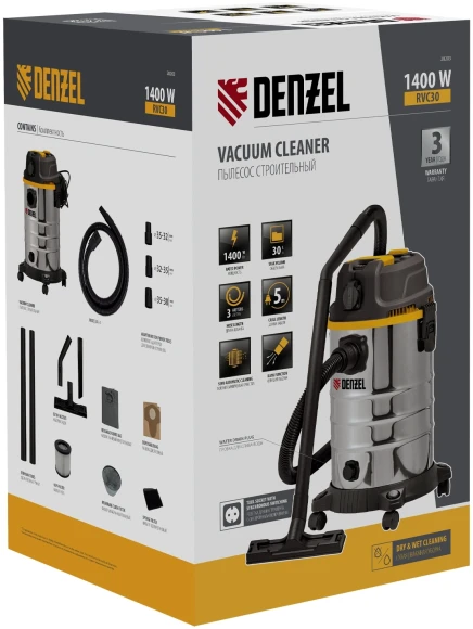 Строительный пылесос Denzel RVC30 1400Вт (уборка: сухая/сбор воды/выдув) серебристый Строительный пылесос Denzel RVC30 1400Вт (уборка: сухая/сбор воды/выдув) серебристый