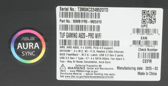 Материнская плата Asus TUF GAMING A620-PRO WIFI Socket AM5 AMD A620 4xDDR5 ATX AC`97 8ch(7.1) 2.5Gg RAID+HDMI+DP