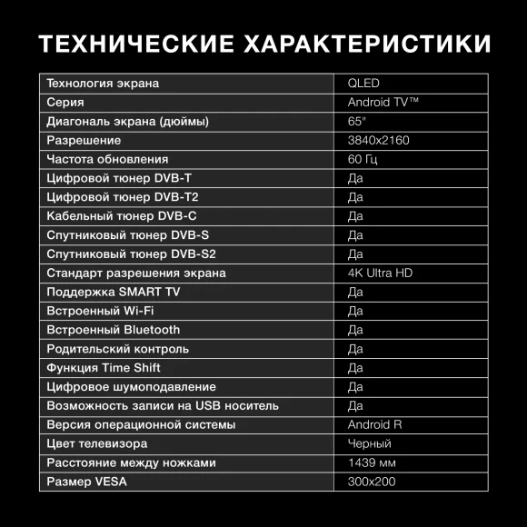 Телевизор QLED Hyundai 65" H-LED65QBU7500 Android TV Frameless черный/серебристый 4K Ultra HD 60Hz DVB-T DVB-T2 DVB-C DVB-S DVB-S2 USB WiFi Smart TV