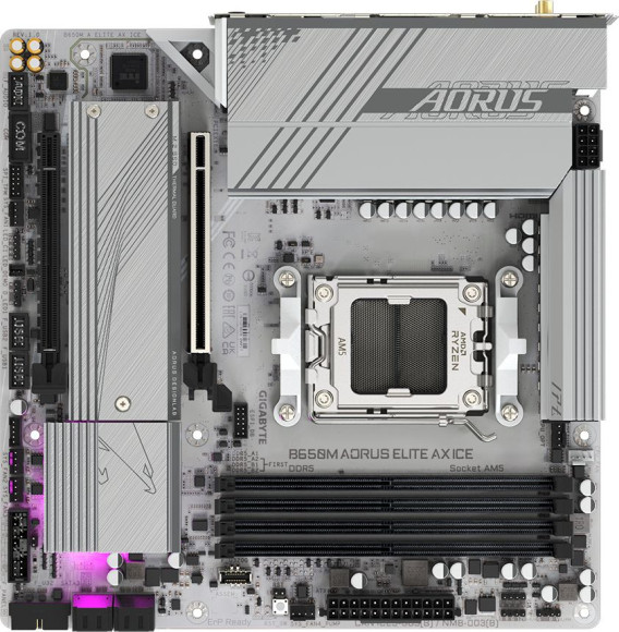 Материнская плата Gigabyte B650M AORUS ELITE AX ICE Socket AM5 AMD B650 4xDDR5 mATX AC`97 8ch(7.1) 2.5Gg RAID+HDMI+DP