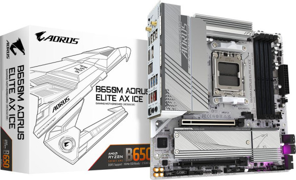 Материнская плата Gigabyte B650M AORUS ELITE AX ICE Socket AM5 AMD B650 4xDDR5 mATX AC`97 8ch(7.1) 2.5Gg RAID+HDMI+DP