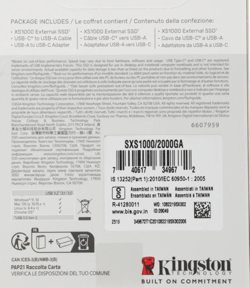 Накопитель SSD Kingston USB3.2 Gen2 2TB SXS1000/2000GA XS1000 черный