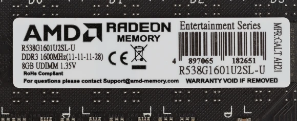 Память DDR3L 8GB 1600MHz AMD R538G1601U2SL-U RTL PC3-12800 CL11 DIMM UDIMM 240-pin 1.35В Ret Память DDR3L 8GB 1600MHz AMD R538G1601U2SL-U RTL PC3-12800 CL11 DIMM UDIMM 240-pin 1.35В Ret
