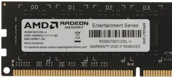 Память DDR3L 8GB 1600MHz AMD R538G1601U2SL-U RTL PC3-12800 CL11 DIMM UDIMM 240-pin 1.35В Ret Память DDR3L 8GB 1600MHz AMD R538G1601U2SL-U RTL PC3-12800 CL11 DIMM UDIMM 240-pin 1.35В Ret