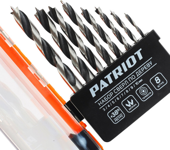 Набор сверл Patriot Набор сверл по дереву спиральные (815010103) по дереву (8пред.) для дрелей/перфораторов