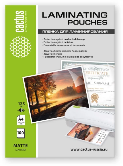 Пленка для ламинирования Cactus 125мкм A4 (25шт) матовая 216x303мм CS-LPMА412525