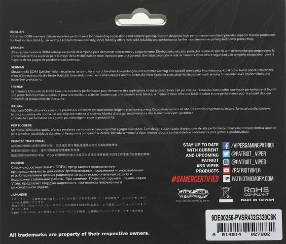 Память DDR4 2x16Gb 3200MHz Patriot PVSR432G320C8K Viper Steel RGB RTL Gaming PC4-25600 CL18 DIMM 288-pin 1.35В dual rank с радиатором Ret