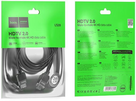 Кабель Hoco US09 ver2.0 HDMI (m) HDMI (m) 2м черный (пакет)