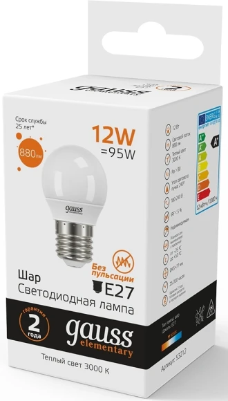 Лампа светодиодная Gauss Elementary 12Вт цок.:E27 шар 220B св.свеч.бел.теп. (упак.:1шт) (53212) Лампа светодиодная Gauss Elementary 12Вт цок.:E27 шар 220B св.свеч.бел.теп. (упак.:1шт) (53212)