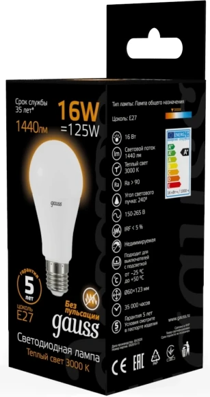 Лампа светодиодная Gauss A60 16Вт цок.:E27 груша 220B св.свеч.бел.теп. (упак.:1шт) (102502116) Лампа светодиодная Gauss A60 16Вт цок.:E27 груша 220B св.свеч.бел.теп. (упак.:1шт) (102502116)