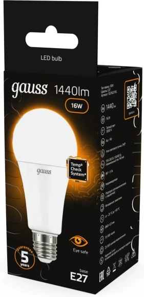 Лампа светодиодная Gauss A60 16Вт цок.:E27 груша 220B св.свеч.бел.теп. (упак.:1шт) (102502116) Лампа светодиодная Gauss A60 16Вт цок.:E27 груша 220B св.свеч.бел.теп. (упак.:1шт) (102502116)