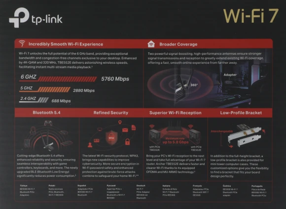 Сетевой адаптер Wi-Fi + Bluetooth TP-Link Archer TBE552E BE9300 PCI (ант.внеш.съем) 2ант.