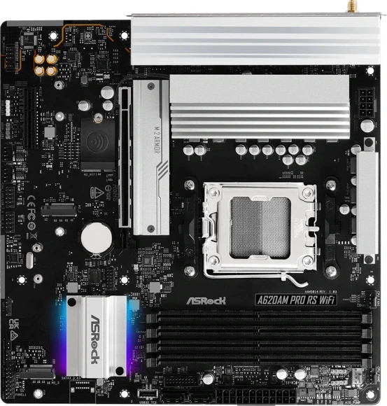Материнская плата Asrock A620AM Pro RS WiFi Socket AM5 AMD A620A 4xDDR5 mATX AC`97 8ch(7.1) 2.5Gg RAID+HDMI+DP