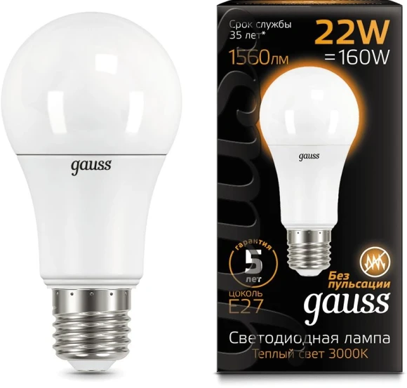 Лампа светодиодная Gauss A70 22Вт цок.:E27 груша 220B св.свеч.бел.теп. (упак.:1шт) (102502122)