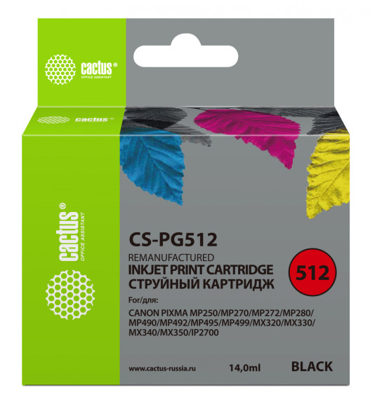 Картридж струйный Cactus CS-PG512 PG-512 черный (15мл) для Canon Pixma iP2700/MP240/MP250/MP260/MP270/MP272/MP280/MP480/MP490/MP492/MP495/MX320/MX330/MX340/MX350
