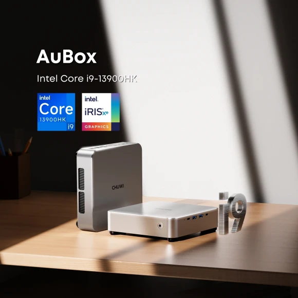 ПК Мини Chuwi AuBox Core i9 13900HK (2.6) 16Gb SSD512Gb Iris Xe Windows 11 Pro 2x2.5GbitEth WiFi BT 120W серебристый/черный