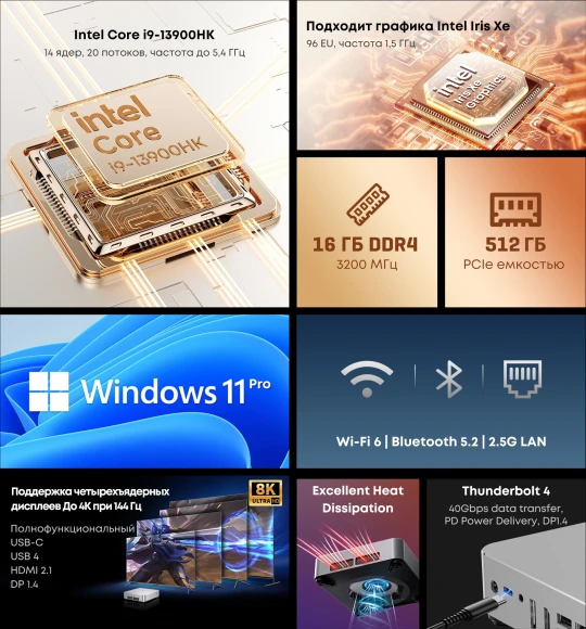 ПК Мини Chuwi AuBox Core i9 13900HK (2.6) 16Gb SSD512Gb Iris Xe Windows 11 Pro 2x2.5GbitEth WiFi BT 120W серебристый/черный