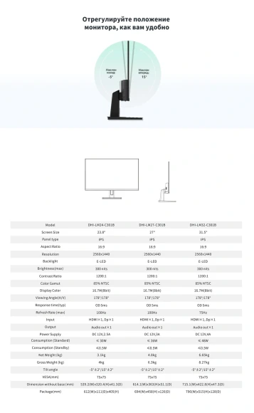 Монитор Dahua 31.5" DHI-LM32-C301B черный IPS LED 5ms 16:9 HDMI матовая 1200:1 300cd 178гр/178гр 2560x1440 75Hz DP 2K 6.65кг