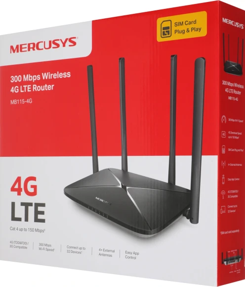 Роутер беспроводной Mercusys MB115-4G N300 10/100BASE-TX/4G cat. 4 черный