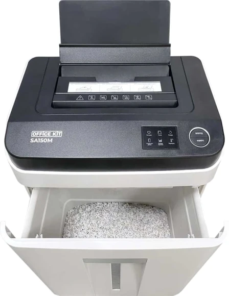 Шредер Office Kit SA150M (1,9х15) белый/черный с автоподачей (секр.P-5) фрагменты 8лист. 22лтр. скобы