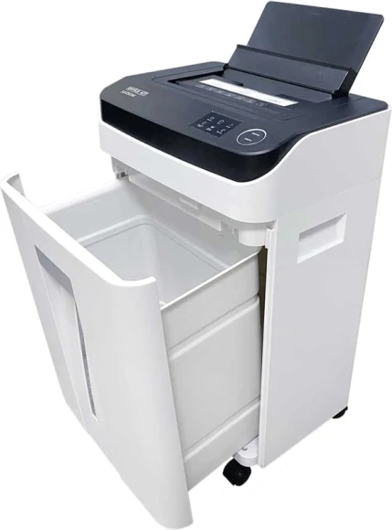 Шредер Office Kit SA150M (1,9х15) белый/черный с автоподачей (секр.P-5) фрагменты 8лист. 22лтр. скобы