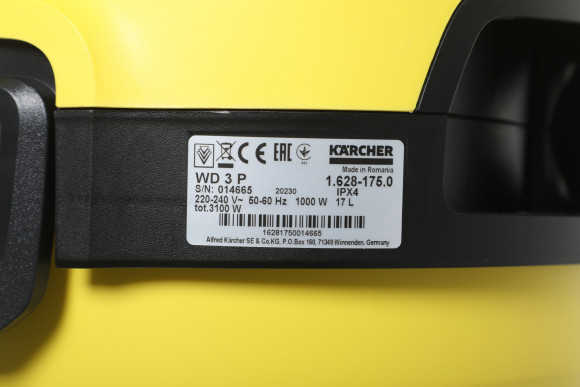 Строительный пылесос Karcher WD 3 P V-17/4/20 Workshop 1000Вт (уборка: сухая/сбор воды/выдув) желтый