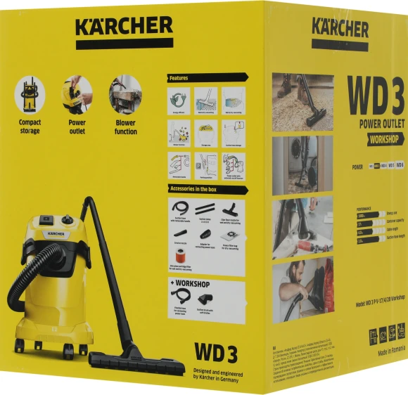 Строительный пылесос Karcher WD 3 P V-17/4/20 Workshop 1000Вт (уборка: сухая/сбор воды/выдув) желтый