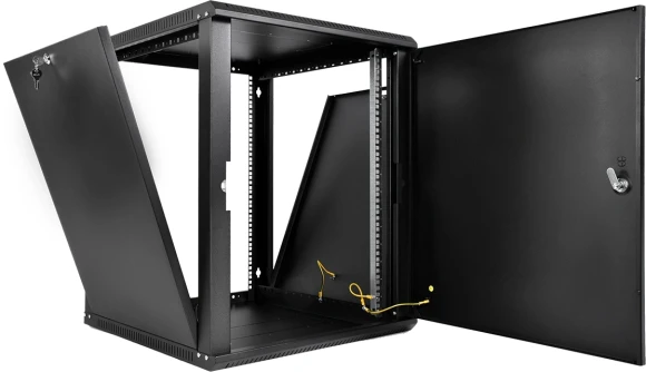 Шкаф коммутационный ЦМО ШРН-Эконом (ШРН-Э-12.350.1-9005) настенный 12U 600x350мм пер.дв.металл направл.под закл.гайки 85кг черный 300мм 15.39кг 180град. 608мм IP20 сталь