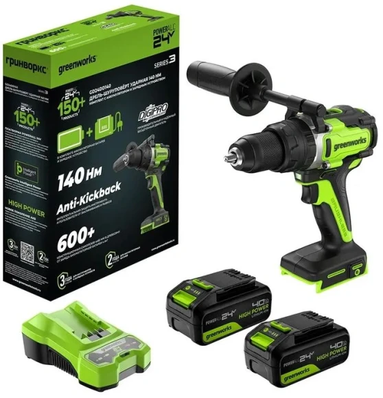 Дрель-шуруповерт Greenworks GD24DD140 аккум. патрон:быстрозажимной (3707607CUD)