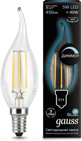 Лампа филам. Gauss Filament 5Вт цок.:E14 свеча 220B 4100K св.свеч.бел.нейт. (упак.:1шт) (103201205)