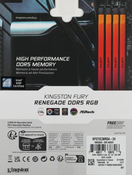 Память DDR5 24GB 7200MHz Kingston KF572C38RSA-24 Fury Renegade Silver/Black RGB RTL Gaming PC5-57600 CL38 DIMM 288-pin 1.45В single rank с радиатором Ret Память DDR5 24GB 7200MHz Kingston KF572C38RSA-24 Fury Renegade Silver/Black RGB RTL Gaming PC5-57600 CL38 DIMM 288-pin 1.45В single rank с радиатором Ret