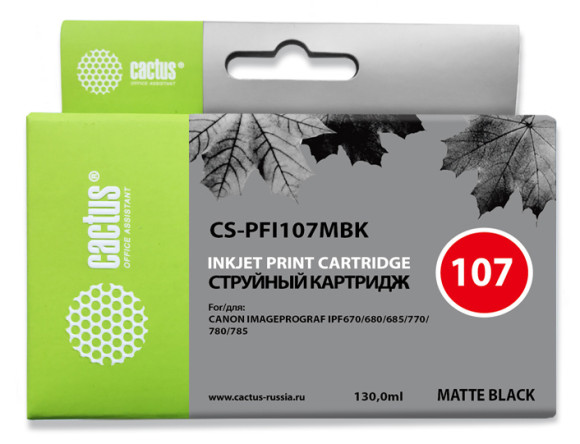 Картридж струйный Cactus CS-PFI107MBK PFI-107 MBK черный матовый (130мл) для Canon IP iPF670/iPF680/iPF685/iPF770/iPF780/iPF785