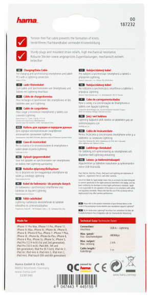 Кабель Hama 00187232 USB (m)-Lightning (m) 1м синий плоский