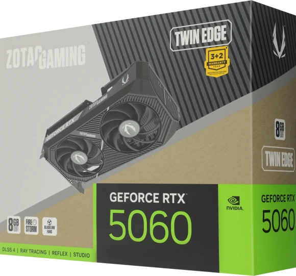 Видеокарта Zotac PCI-E 5.0 RTX 5060 TWIN EDGE NVIDIA GeForce RTX 5060 8Gb 128bit GDDR7 2497/28000 HDMIx1 DPx3 HDCP Ret