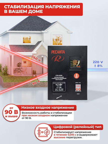 Стабилизатор напряжения Ресанта СПН-8300 однофазный черный (63/6/27)