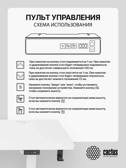 Стол для компьютера Cactus CS-ED-WWT электропривод столешница МДФ белый каркас белый