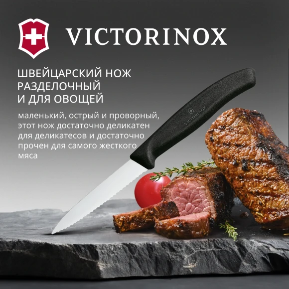 Нож кухонный Victorinox Swiss Classic (6.7633) стальной разделочный для овощей лезв.80мм серрейт. заточка черный Нож кухонный Victorinox Swiss Classic (6.7633) стальной разделочный для овощей лезв.80мм серрейт. заточка черный