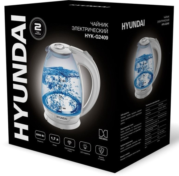 Чайник электрический Hyundai HYK-G2409 1.7л. 2200Вт белый/серебристый корпус: стекло/пластик