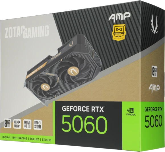 Видеокарта Zotac PCI-E 5.0 RTX 5060 AMP NVIDIA GeForce RTX 5060 8Gb 128bit GDDR7 2550/28000 HDMIx1 DPx3 HDCP Ret