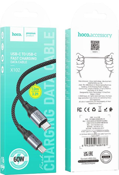 Кабель Hoco X102 Fresh Type-C to Type-C USB Type-C (m)-USB Type-C (m) 1м черный коробка Кабель Hoco X102 Fresh Type-C to Type-C USB Type-C (m)-USB Type-C (m) 1м черный коробка