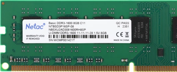 Память DDR3 8GB 1600MHz Netac NTBSD3P16SP-08 Basic RTL PC3-12800 CL11 DIMM 240-pin 1.5В dual rank Ret Память DDR3 8GB 1600MHz Netac NTBSD3P16SP-08 Basic RTL PC3-12800 CL11 DIMM 240-pin 1.5В dual rank Ret