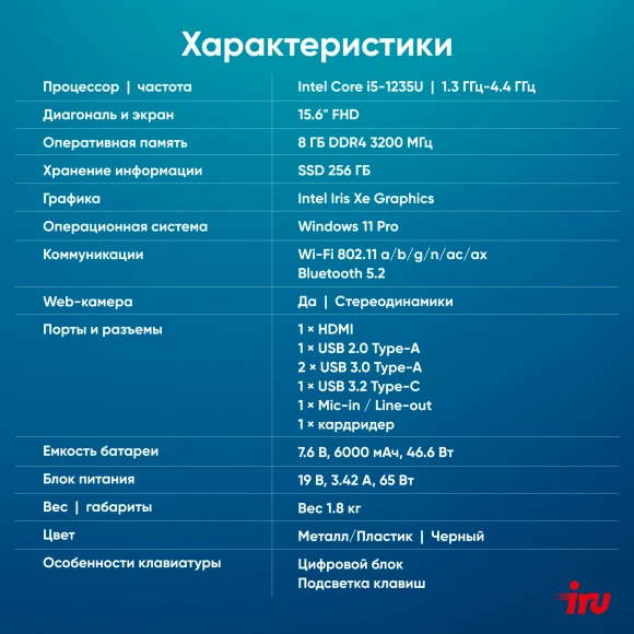 Ноутбук IRU Strato 15ALI Core i5 1235U 8Gb SSD256Gb Intel Iris Xe graphics 15.6" IPS FHD (1920x1080) Windows 11 Pro Multi Language 64 black WiFi BT Cam 6000mAh (2059113) Ноутбук IRU Strato 15ALI Core i5 1235U 8Gb SSD256Gb Intel Iris Xe graphics 15.6" IPS FHD (1920x1080) Windows 11 Pro Multi Language 64 black WiFi BT Cam 6000mAh (2059113)