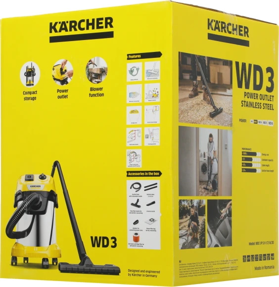 Строительный пылесос Karcher WD 3 P S V-17/4/20 1000Вт (уборка: сухая/влажная/выдув/сбор воды) желтый