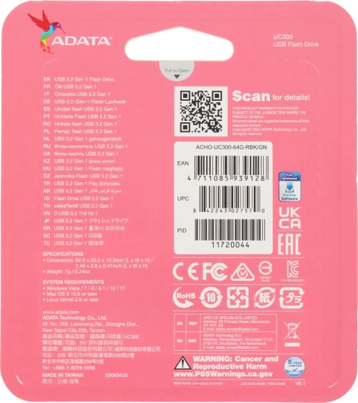 Флеш Диск A-Data 64Gb Type-C UC300 ACHO-UC300-64G-RBK/GN USB3.2 черный/зеленый