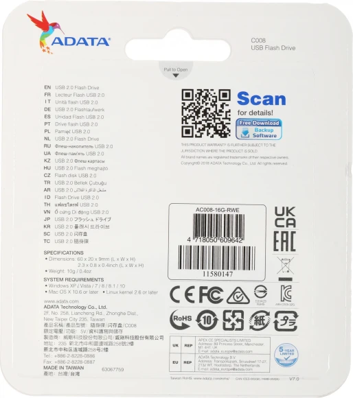 Флеш Диск A-Data 16Gb Classic C008 AC008-16G-RWE USB2.0 белый/синий Флеш Диск A-Data 16Gb Classic C008 AC008-16G-RWE USB2.0 белый/синий